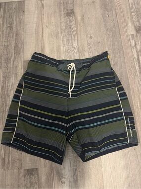 Roots Men's Navy Board Shorts with Green and Light Blue Stripes